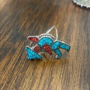 Turquoise and Red Inlay Silver Ring